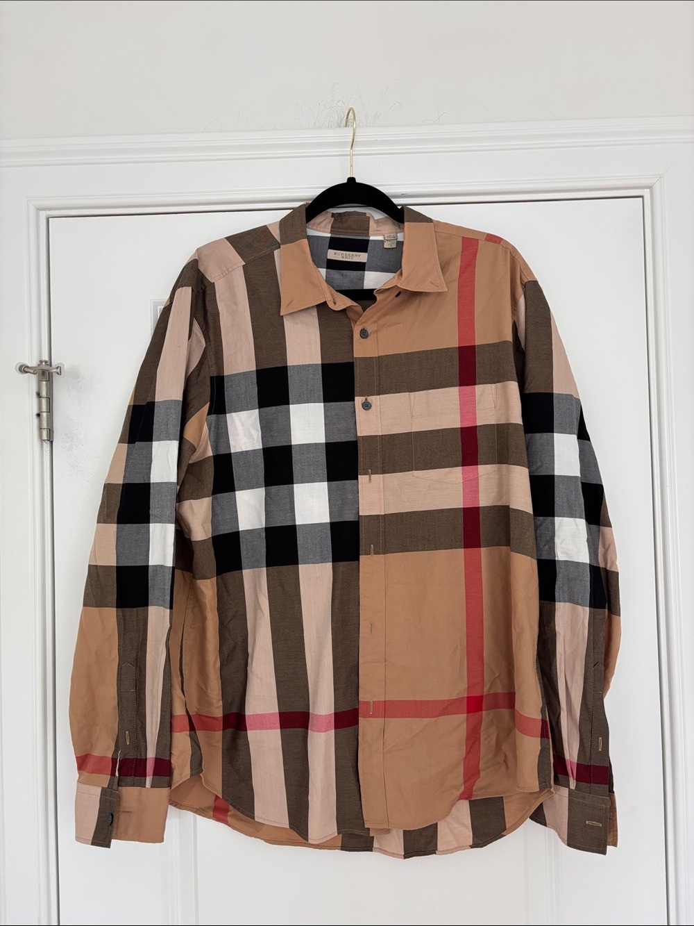 Burberry Tan Black White Plaid Button-Down Shirt